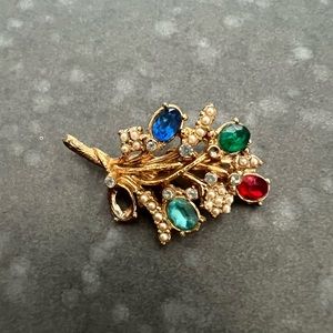 Vintage Gold, Pearl, Colored Rhinestone Tree Branch Brooch